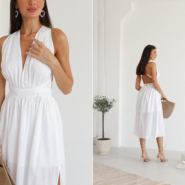 plunging neck tie back lace panel waist dress