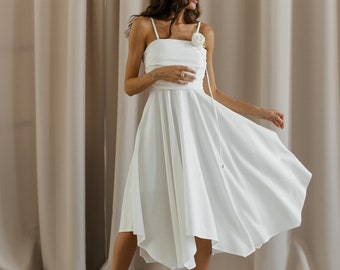 Stunning summer event dress. Linen summer dress strappy with circle skirt. Midi bridesmaids dress. White linen dress. Boho wedding dress