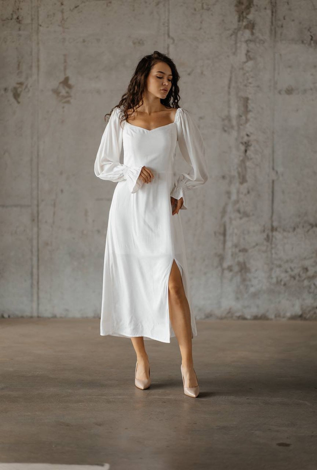 Wedding Guest Dress.bridesmaids White Dress.puff Long Sleeves Event ...