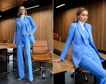 Three Piece sky blue pants suit.Office suit matching set.Blue women's suit.3-piece classic trousers suit.Jacket Vest and Pants.