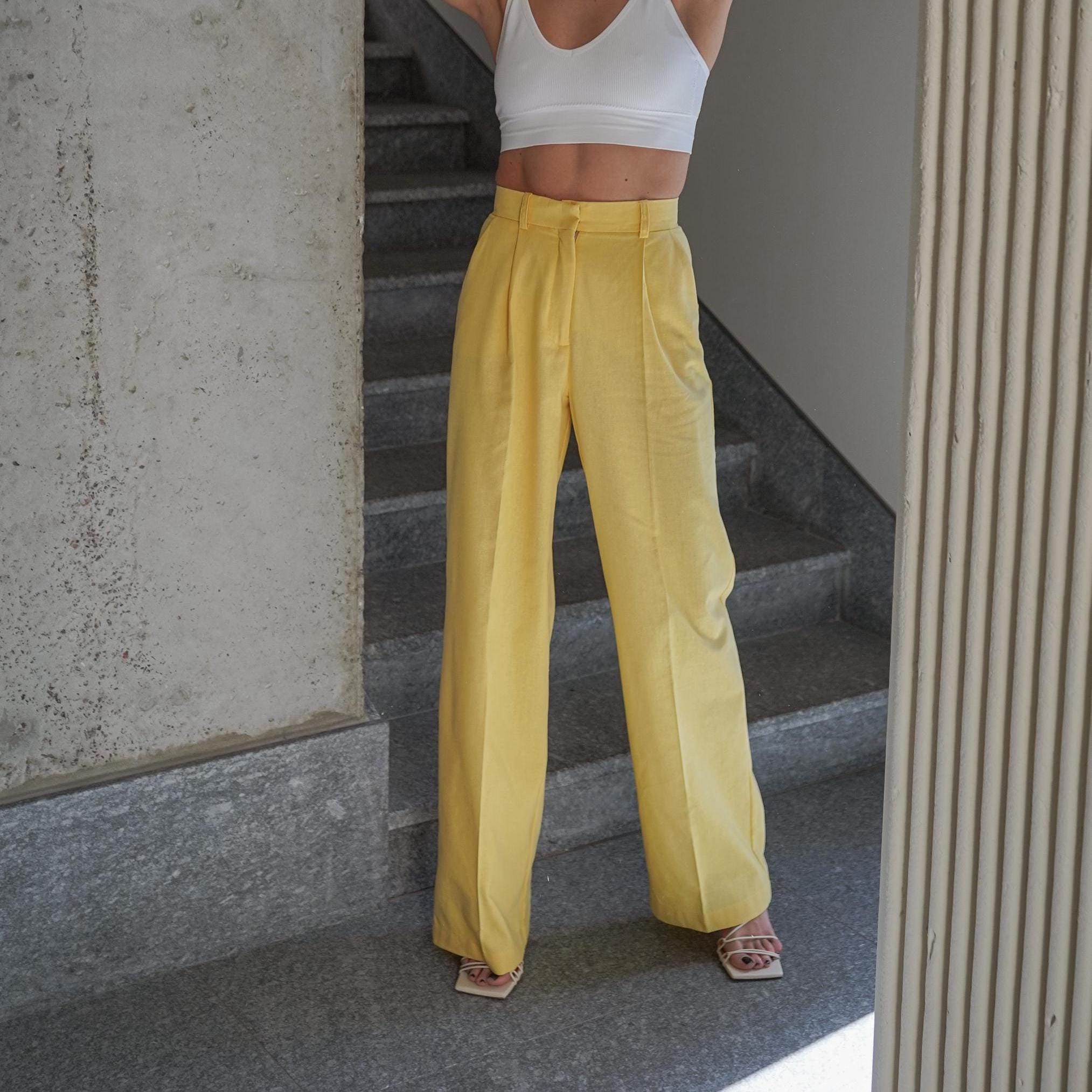 Yellow Linen Palazzo Pants. Sunny Yellow Natural Linen Wide