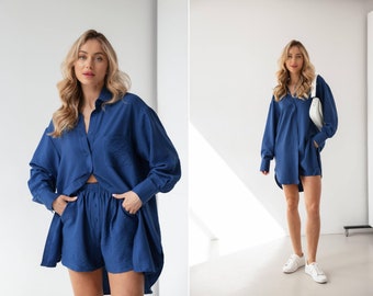 Two piece set deep blue linen suit Shirt and Shorts.Matching linen suit.Women's summer shorts suit.Summer linen suit.Cotton summer set