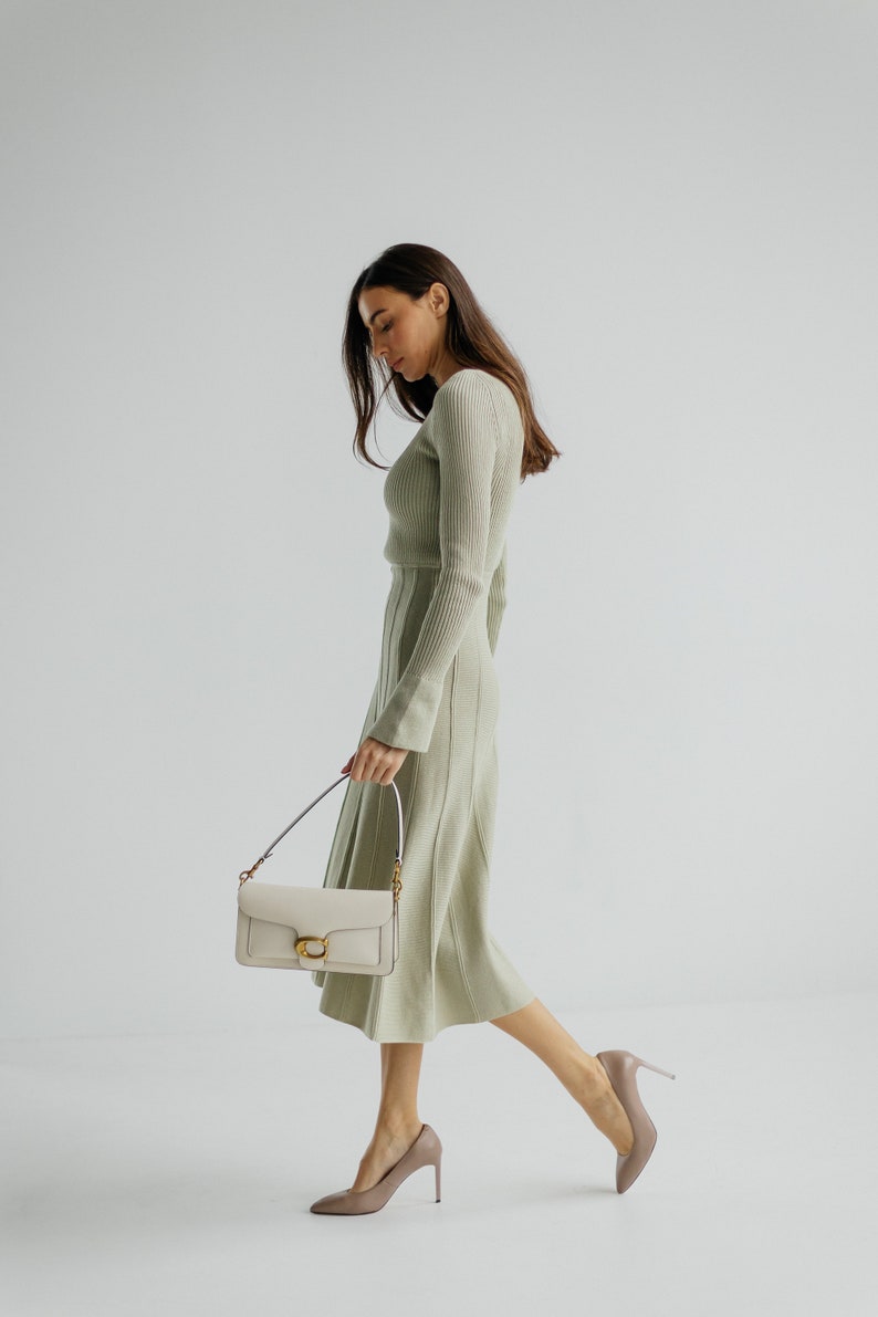 Belted Comfy Knitted Winter Dress in Emerald Color. Green Winter Dress