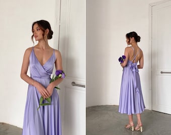 Lavender slip dress with V-neck. Circle skirt. Backless dress. Lilac Wedding guest silk dress. Satin midi dress. Wedding guest dresses