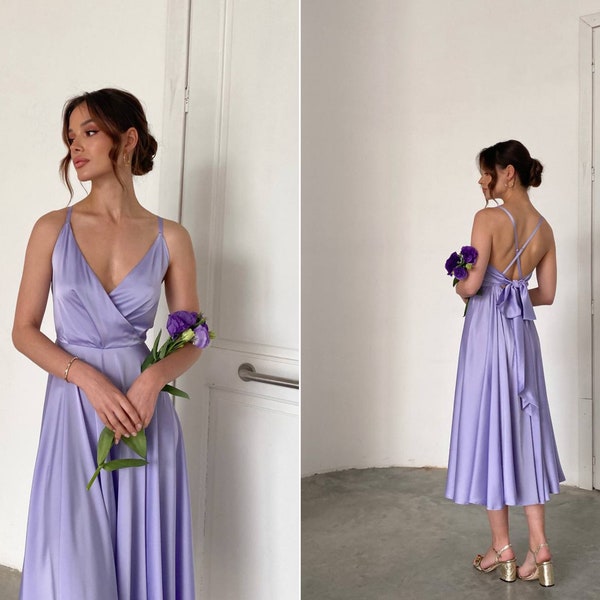 Lavender slip dress with V-neck. Circle skirt. Backless dress. Lilac Wedding guest silk dress. Satin midi dress. Wedding guest dresses