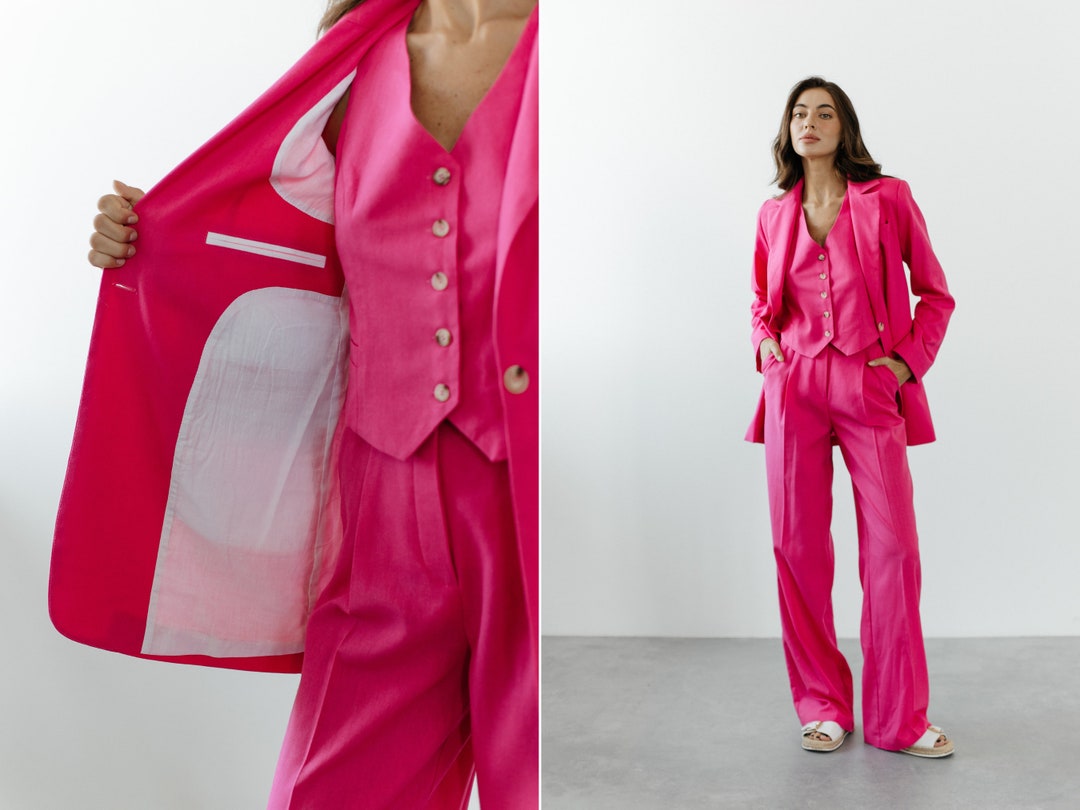 hot pink linen blend shorts blazer set 2x main image 1