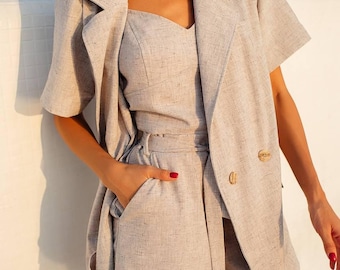 Melange Grey Linen Suit: Three-Piece Crop Top & Shorts Set
