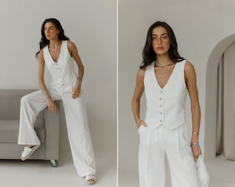 Two piece set white linen suit Vest and Palazzo pants suit.Matching linen suit.Women's summer pants suit.Summer linen suit. White summer set