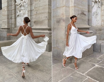 White silk slip dress with V-neck. Circle skirt. Backless white dress. Wedding guest silk dress. Satin midi dress. Wedding white dress.