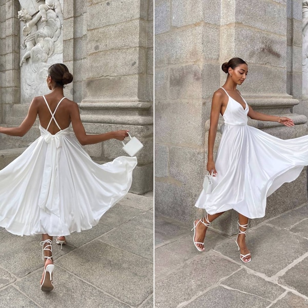 White silk slip dress with V-neck. Circle skirt. Backless white dress. Wedding guest silk dress. Satin midi dress. Wedding white dress.