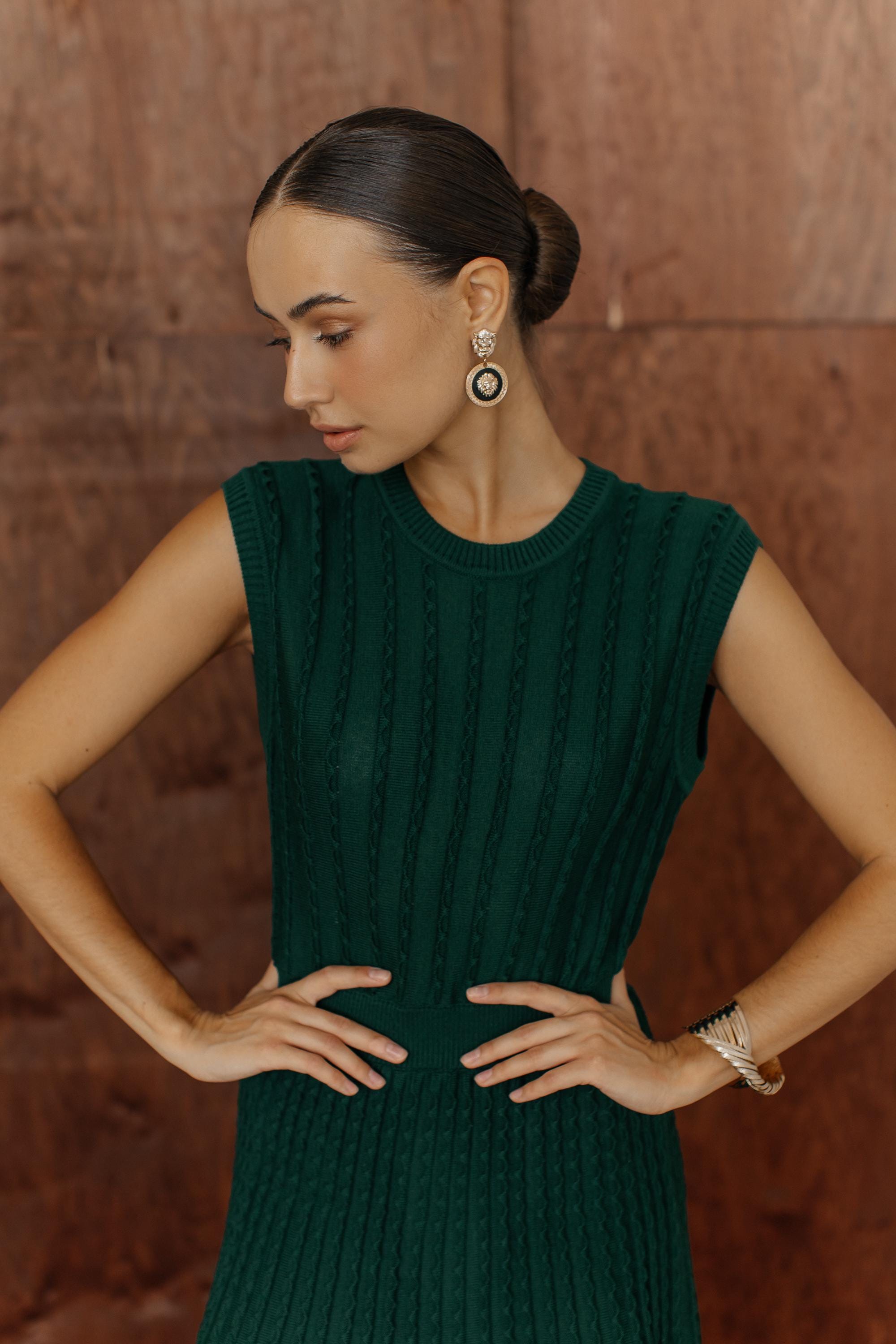 Emerald Green Knit Sweater Dress: Cotton Blend Sleeveless Midi