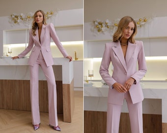 Dusty Rose Powder wedding guest pantsuit.Matching set with blazer and pants.Bridesmaids pants suit. 2-piece trousers set.Fitted blazer set