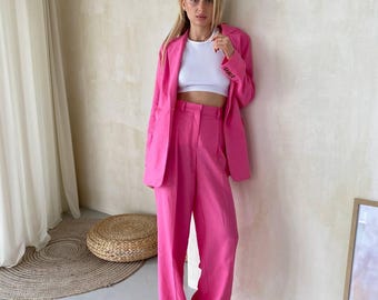 Pink Linen Pantsuit: Women's Palazzo Pants & Oversized Jacket