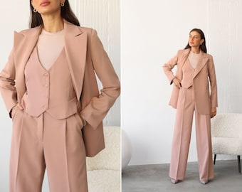 Three piece wedding guest pantsuit.Matching set with blazer vest and pants.Beige palazzo pants suit.Bridesmaids pants suit.Classic beige set