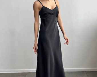 Classic black floor silk slip dress with V-neck maxi length. Satin slip dress A-line. Sleeveless silk dress for occasions. Black satin dress