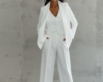 White Palazzo Pantsuit: 3-Piece Blazer Vest Set