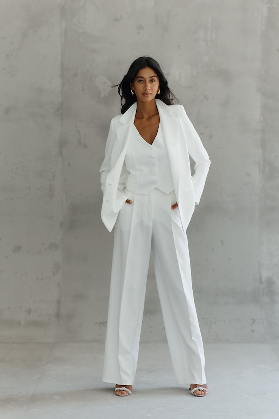 White Palazzo Pantsuit: 3-Piece Blazer Vest Set White Palazzo Pantsuit: 3-piece Blazer Vest Set - Etsy