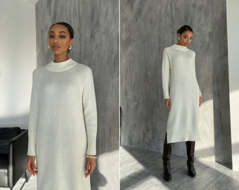 Milky white knitted girl's sweater dress.Knitted dress with turtleneck straight fit.Midi cotton sweater dress.Warm formal winter dress