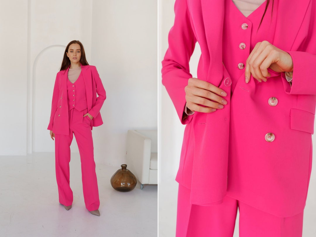 Hot Pink 3piece Pantsuit.classic Formal Trousers Set With Blazer Vest