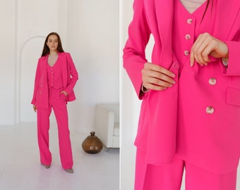 Hot pink 3-piece pantsuit.Classic formal trousers set with blazer vest and palazzo pants.Event suit matching set.Stunning pink matching set