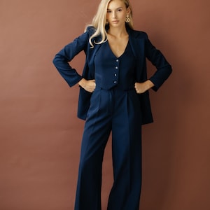 Three-piece Dark Blue Pantsuit KRISTY.Navy Pantsuit.Wedding guest pantsuit KRISTY.Matching set blazer vest pants. Blue 3-piece women&#39;s suit.