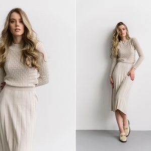 Beige cozy knitted girl's sweaterdress.Knitted dress with turtleneck and pleated skirt.Midi cotton sweaterdress.Warm formal winter dress