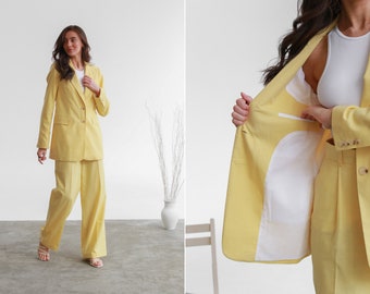 Two piece linen set blazer and pants.Linen summer pants suit.2-piece suit jacket and pants.Wedding guest pants suit lemon yellow