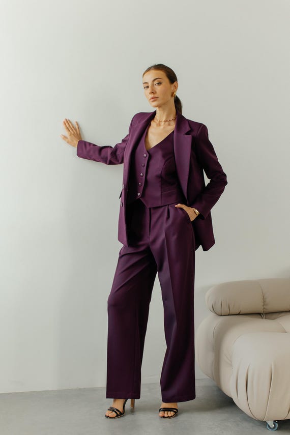 Burgundy Plum Classic Formal Three Piece Wedding Guest Pantsuit.matching Set Blazer Vest and Pants.plum Color Women s Suit.wedding Look Etsy