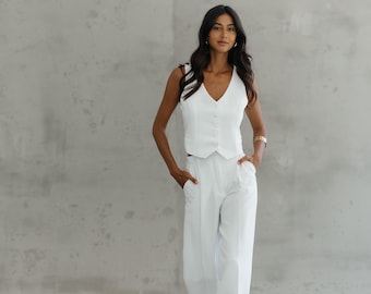 White Vest Suit: Cotton Palazzo Pants Two-Piece Set