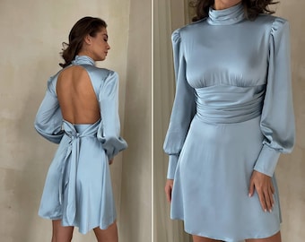 Sky Blue satin mini dress with open back. Turtleneck backless silk dress with circle skirt and long puff sleeves. Satin event dress.