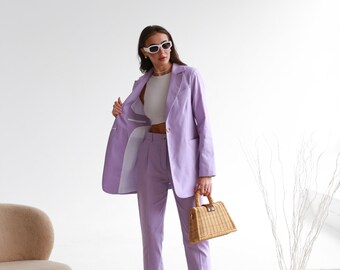 Linen pants suit.Lavender summer suit, Lilac linen pants suit with blazer and pants. Trousers set Jacket and pants.Summer occasions suit set