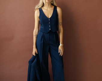 Navy Blue Pantsuit Set: Fitted Vest & Palazzo Pants - Cotton Blend