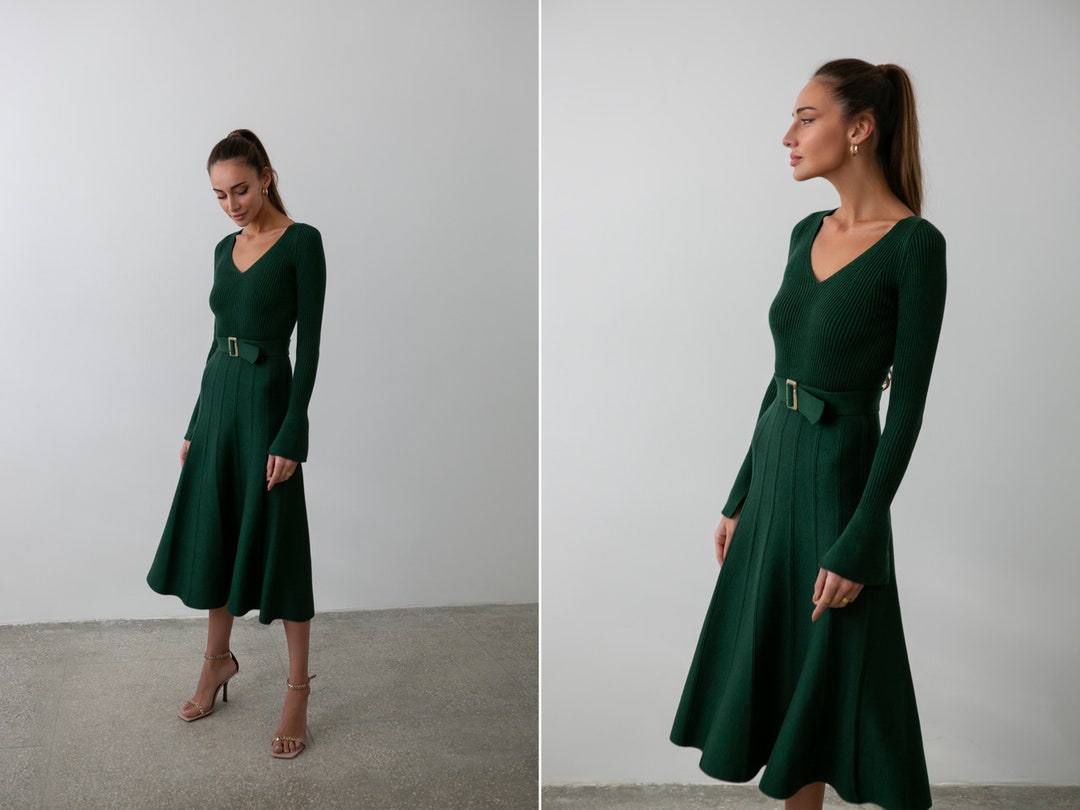 Belted Comfy Knitted Winter Dress in Emerald Color. Green Winter Dress