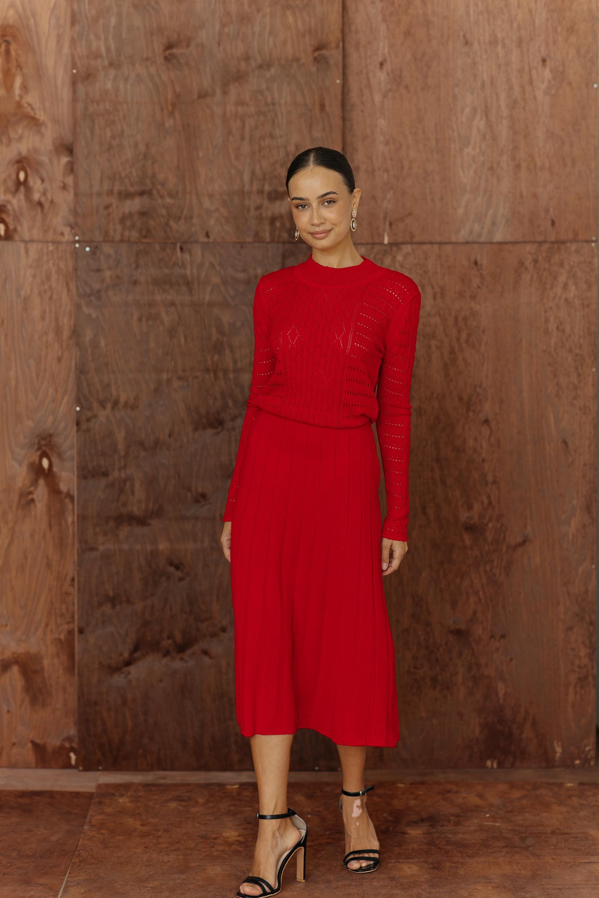 red pleated sweater dress Willow and Paige 2 In 1 Sweater Dress With Pleated Collar