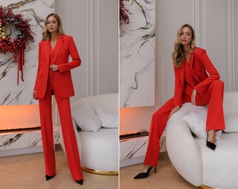 Three Piece red pants suit.Office suit matching set.Red women's suit.3-piece classic trousers suit.Jacket Vest and Pants.Performance suit