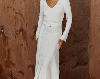 white cotton sweater dress Milky White Knit Sweater Dress: Cotton Blend Pleated Skirt