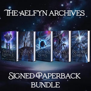 May include: A bundle of five paperback books titled The Aelfyn Archives by Samantha Amstutz. The covers feature dark fantasy illustrations with blue, purple, and black cosmic themes, including dragons, celestial bodies, and silhouettes of figures.