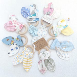 bunny ear teething ring, soft flannel, all natural hardwood, sensory grasp toy