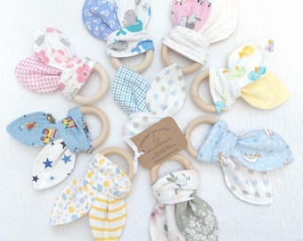 bunny ear teething ring, soft flannel, all natural hardwood, sensory grasp toy