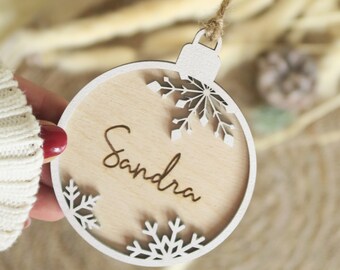 Bola de navidad personalizada con nombre en madera copo de nieve,Adornos personalizados para árboles de Navidad, Decoraciones navideñas