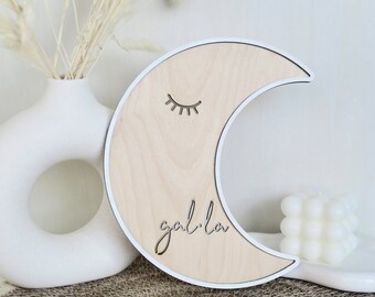 Placa nombre de bebe luna en madera, Placa de madera personalizada con nombre de bebe, Decoración habitación bebe boho