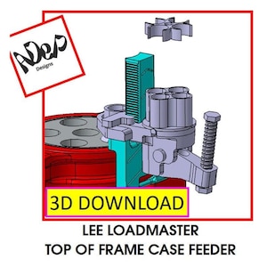 Può includere: Un rendering 3D di un dispositivo meccanico con una base rossa, componenti turchese e grigi e un bullone. L'immagine include il testo "3D DOWNLOAD" e "LEE LOADMASTER TOP OF FRAME CASE FEEDER."