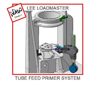 May include: A close-up of a silver reloading press with a tube feed primer system. The press is labeled "LEE LOADMASTER" and has a green lever and a black and silver primer feed mechanism.