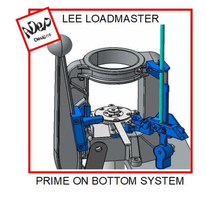 May include: A 3D rendering of a blue and gray reloading press with the text "LEE LOADMASTER" and "PRIME ON BOTTOM SYSTEM".