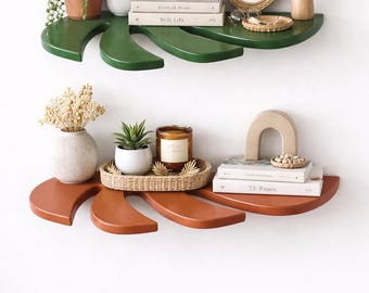 Estantería de pared con forma de hoja / Estantería para plantas / Estantería flotante moderna / Decoración de pared verde / Estantería de madera hecha a mano / Estantería estética para plantas
