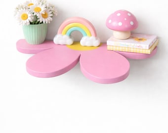 Estantería de flores rosas para guardería / Estantería de pared con margaritas / Estantería flotante adorable / Decoración para habitación de niña / Estantería con estética pastel / Estantería de pared infantil