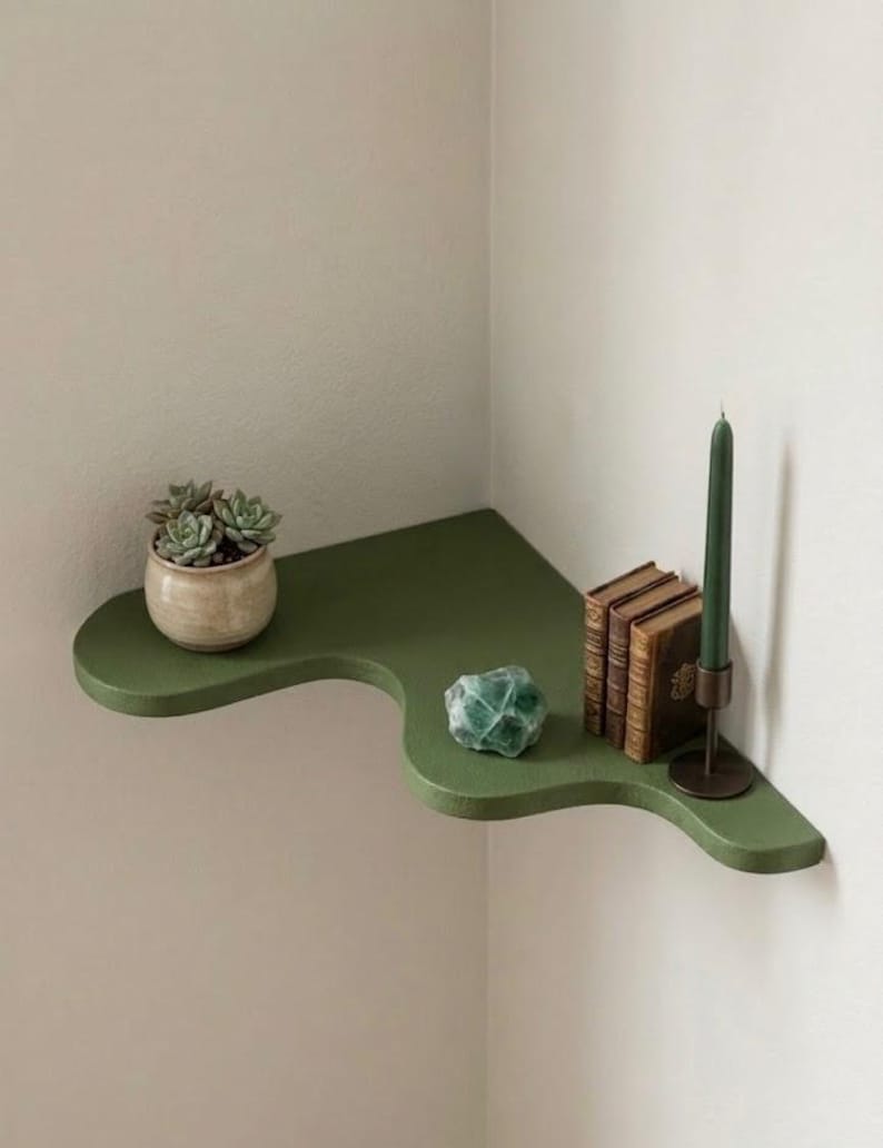 Puede incluir: Una estanter&iacute;a de esquina verde con un dise&ntilde;o &uacute;nico y fluido. Contiene una peque&ntilde;a planta suculenta en maceta, un cristal verde, una pila de libros antiguos y una vela verde en un portavelas de lat&oacute;n. La estanter&iacute;a est&aacute; montada en una pared de color neutro.