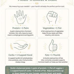 Puede incluir: Una infografía educativa titulada Portion Guide: Eyeball Your Meals Without a Scale. Presenta cuatro ilustraciones lineales de manos que representan tamaños de porciones: una palma para proteínas, un puño para verduras, una mano ahuecada para carbohidratos y un pulgar para grasas.