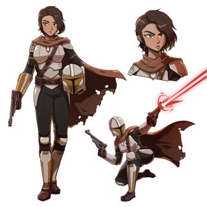 May include: Digital illustration of a character in Mandalorian armour, featuring a brown cape, helmet, and blaster. The artwork includes full-body and headshot views, plus a kneeling pose with a red laser effect.