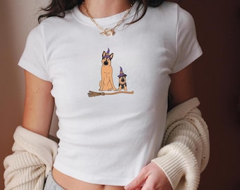 German Shepard Halloween Baby Tee, Y2k, Crop top, Halloween Vintage shirt, 90s,Retro Spooky Season Baby Tee